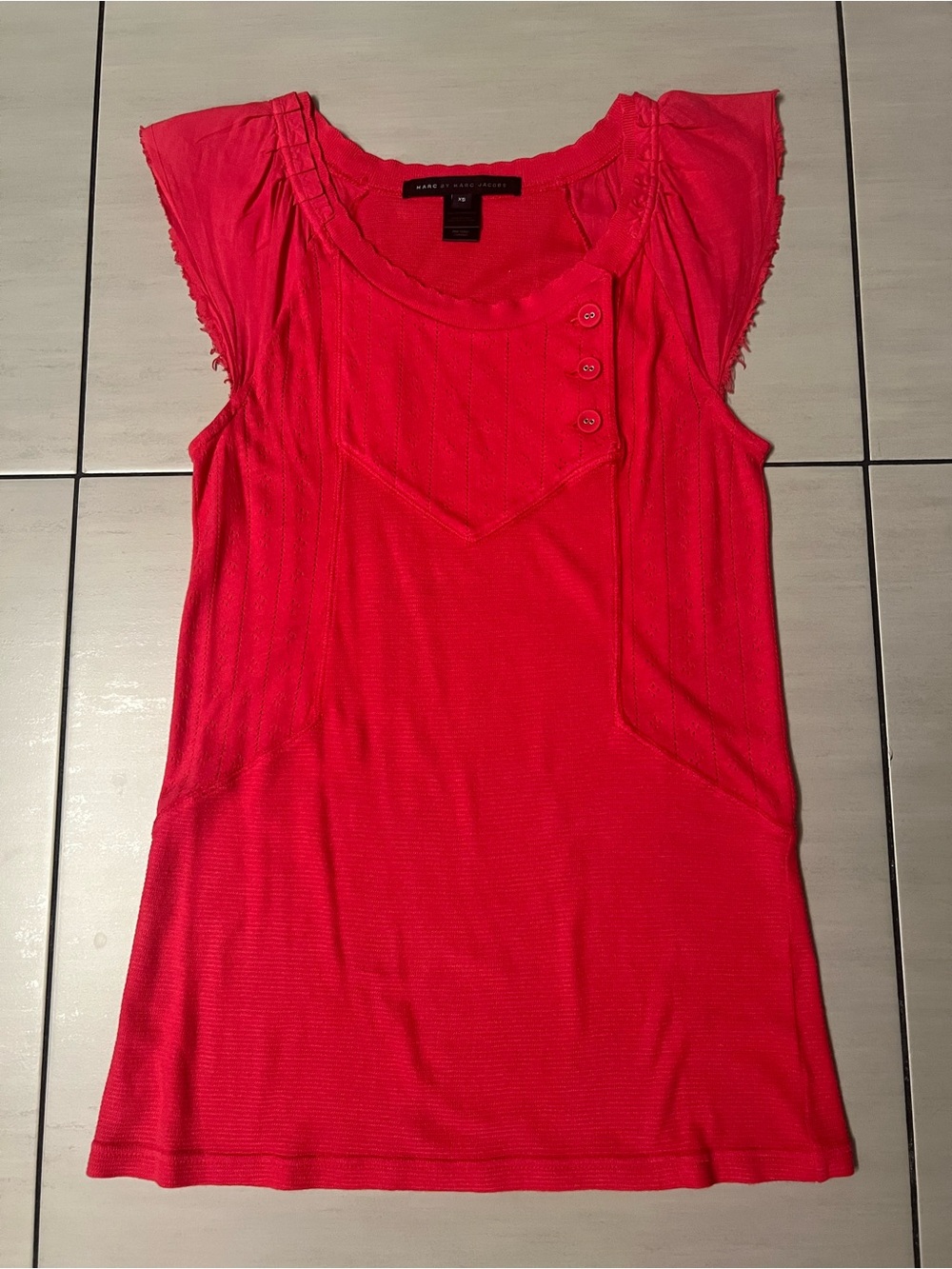 Marc by Marc Jacobs Pointelle Knit Cap-Sleeve Top Coral Pink / Red - Size XS